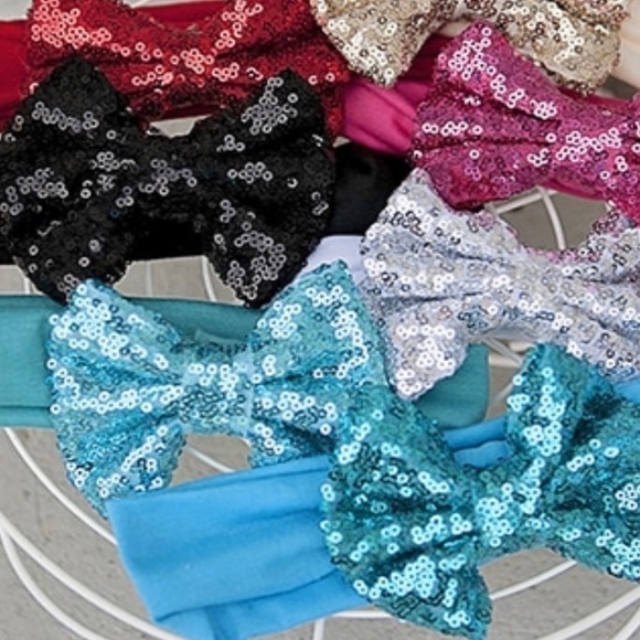 Silver Sequin Bow Headband for Girls on Black Comfy Stretch Knit - Picture 4 of 5